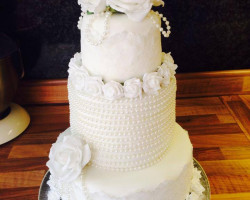 3 Tier Round White Traditional Wedding Cake with Large White Roses and Diamante Crystals