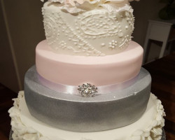 Pink Silver and White 4 Tiered Wedding Cake